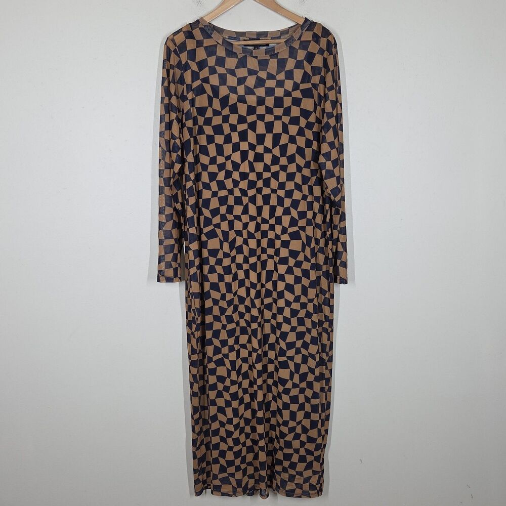 Eloquii Navy Blue Brown Checkered Illusion Mesh Bodycon Midi Dress 22 Artsy Boho